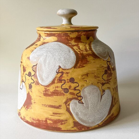 Handmade Art Pottery Ceramic Water Dispenser Crock White Floral on Yellow Signed - Picture 3 of 16